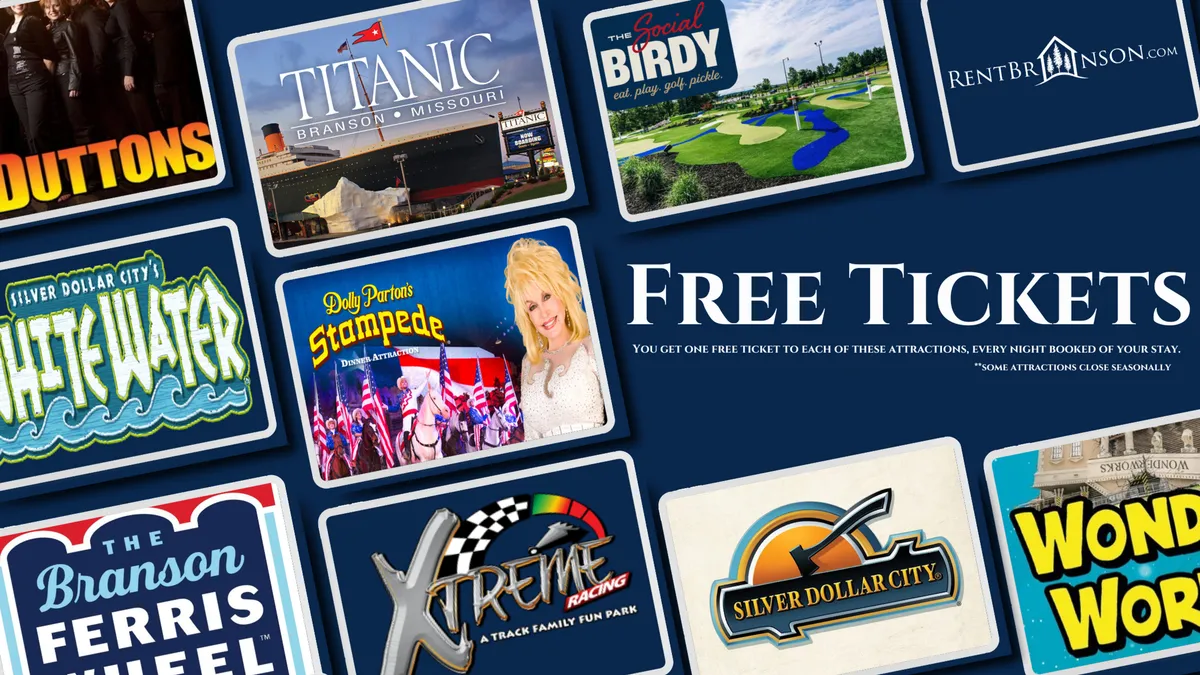 A vibrant and colorful arrangement of popular Branson attraction logos and text, visually representing the excitement and variety of top entertainment experiences available in the area. The design is lively and engaging, evoking the thrill of family outings, live shows, theme parks, and memorable adventures.